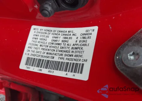 2018 Honda Civic Lx из США, поврежденный, VIN 2HGFC2F59JH541708